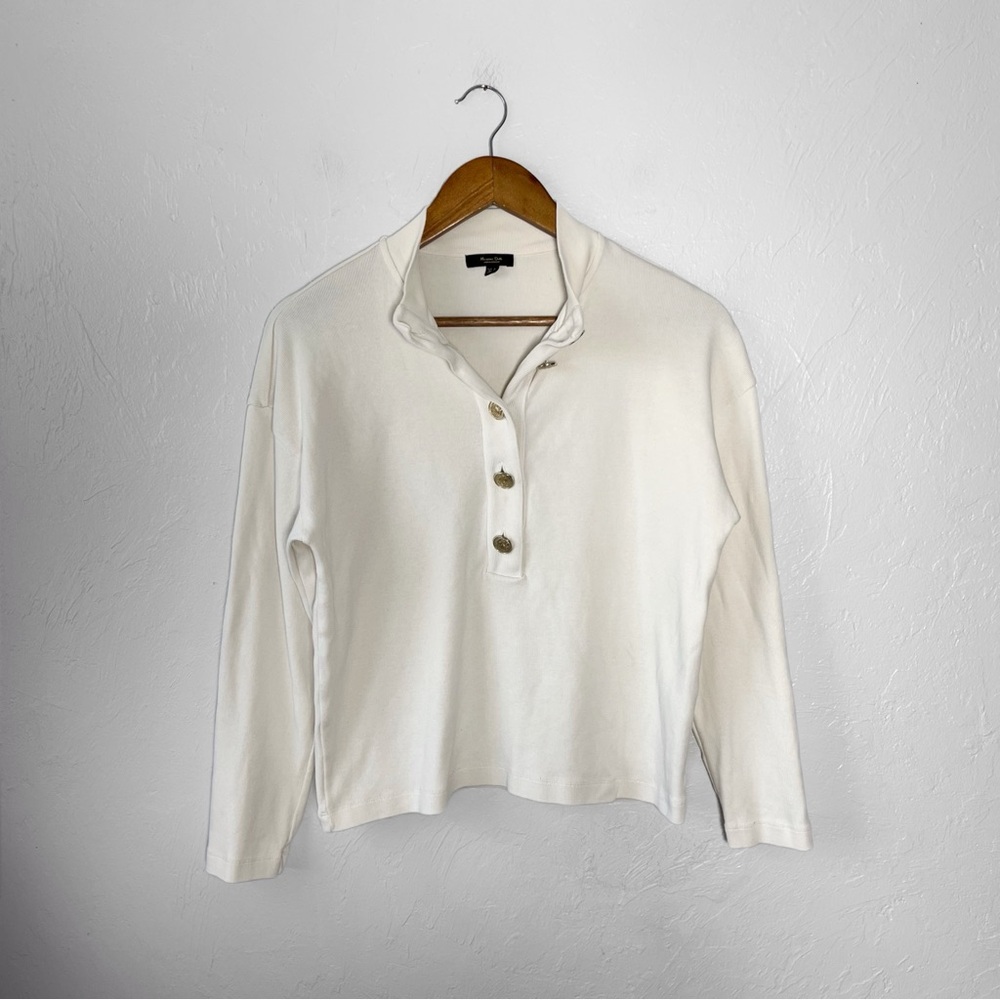 Massimo Dutti Cotton Cream Gold Button Henley Preppy Quiet Luxury Minimalist Med
